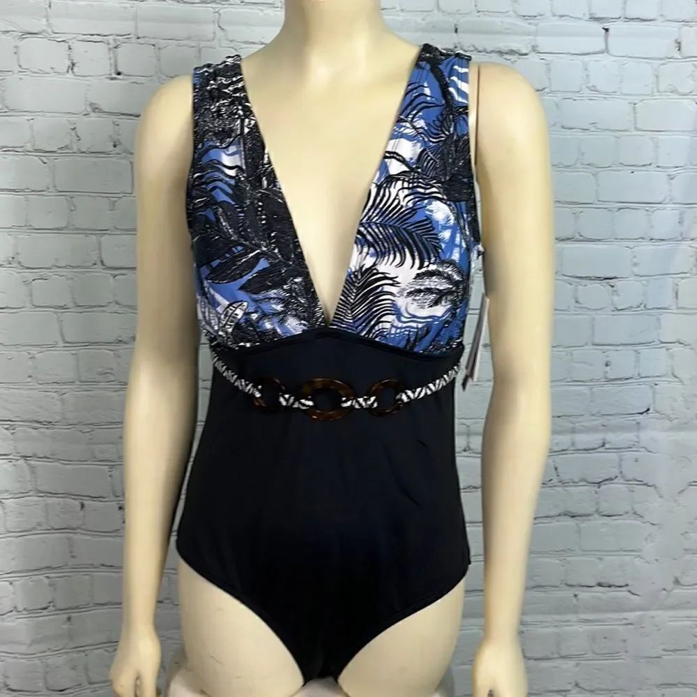 JantzenβOneΒ PieceβSwimsuitβBlackβBlueβPalmsβSizeβ10